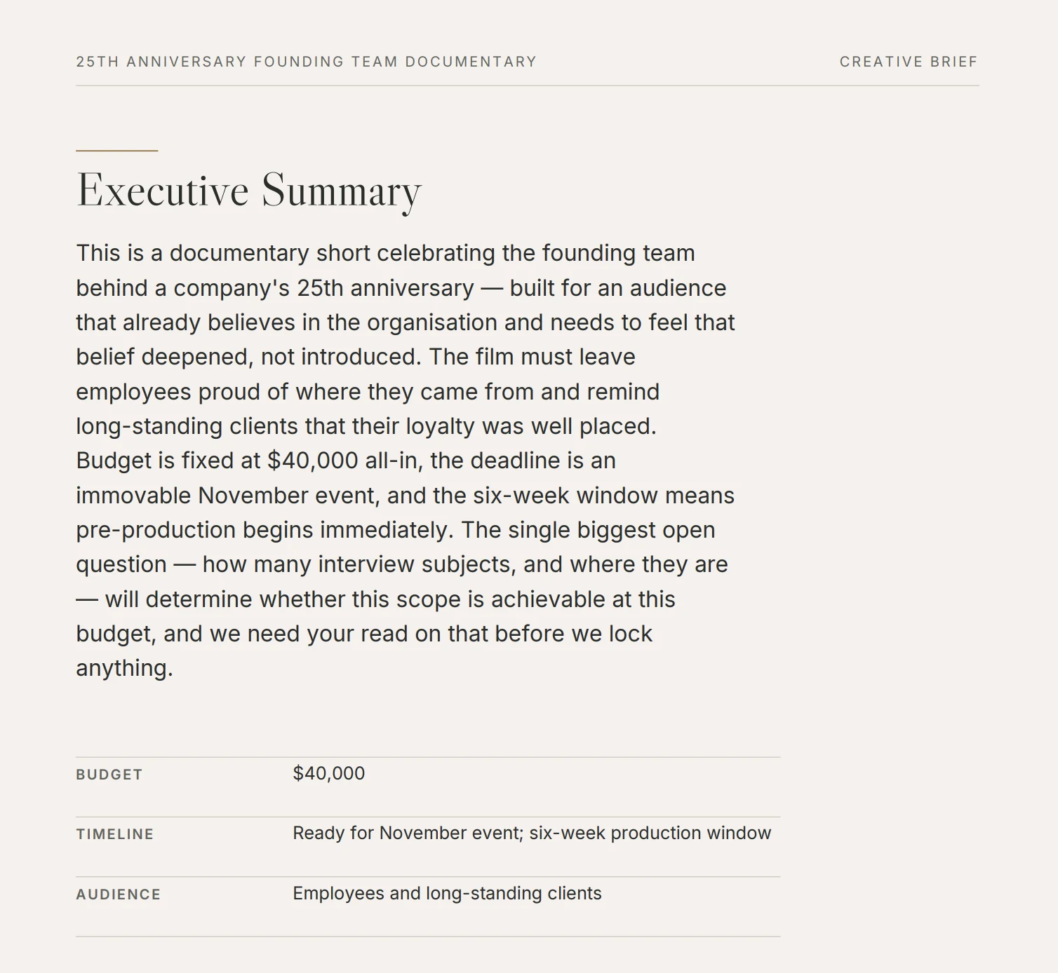 An Emmerai deliverable: the Creative Brief for a 25th anniversary founding team documentary, showing its executive summary alongside the project&rsquo;s budget, timeline and audience.