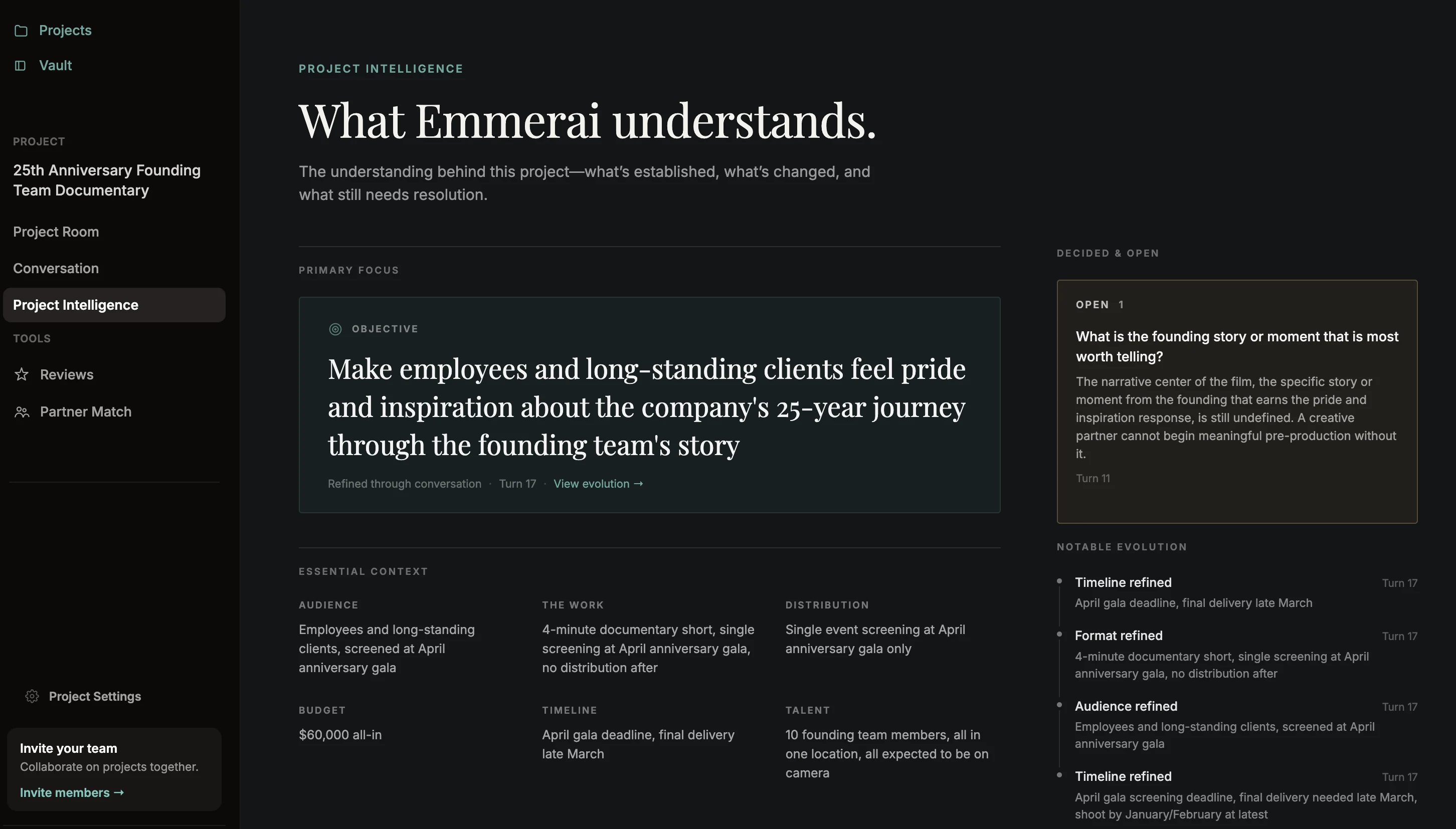 Project Intelligence inside an active Emmerai project: the objective and essential context for a founding team documentary, alongside what is still open and how the understanding has changed as the work progressed.