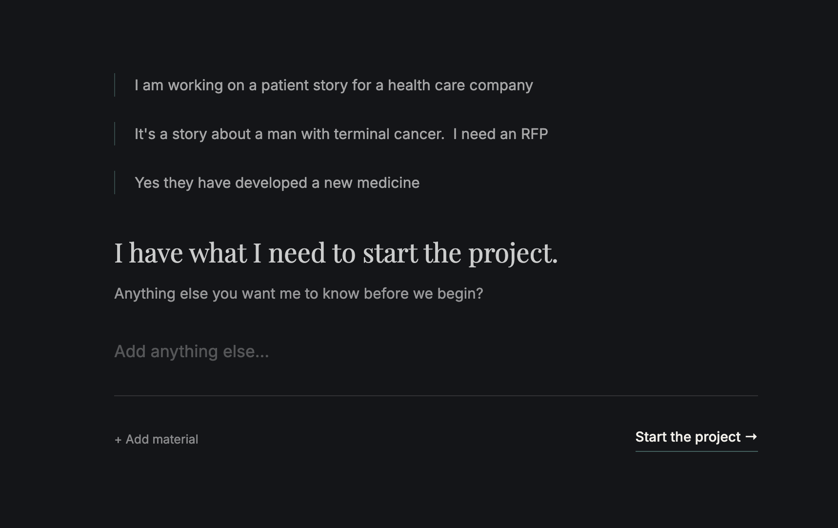 Setting up a project in Emmerai: three things the marketer has said about a patient story, Emmerai confirming it has what it needs to start, and a Start the project button.