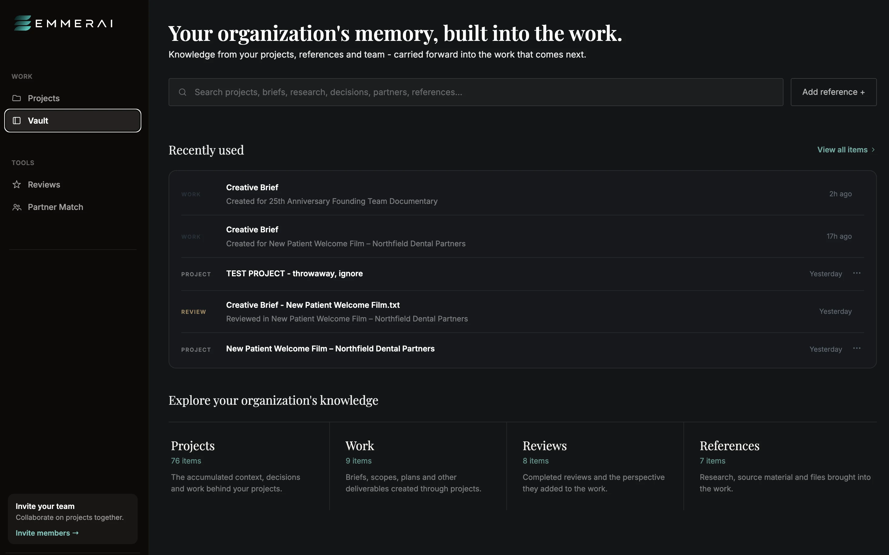 Emmerai Vault showing organizational knowledge across projects, work, reviews and references, with search and recently used items.